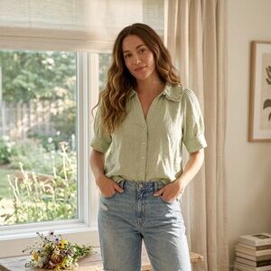 Madewell Sage Green Linen Blend Ruffle Collar Button-Up Shirt - Size 4